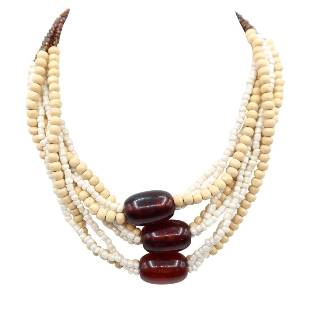 EXPRESS Multi Strand Beaded Large Faux Amber Necklace Bohemian Eclectic Ecru